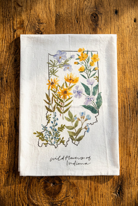 Wildflowers of Indiana tea towel with images of native flowers such as Jacob's ladder, black-eyed Susan, bird's foot violet, wild sweet william, false blue indigo, and sundrops in an Indiana shaped collage