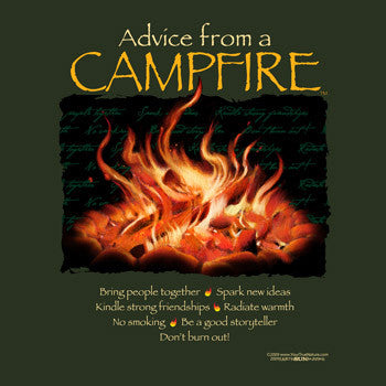 Illustration of a campfire with flames and yellow text saying ' Advice from a Campfire' on a dark background
