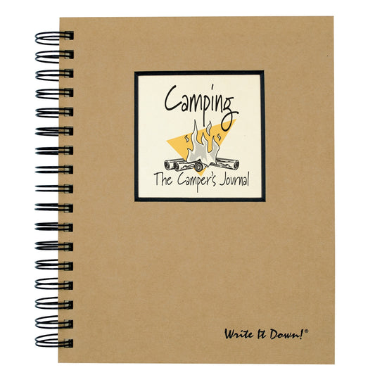 Brown notebook with 'Camping The Camper's Journal' cover on a white background