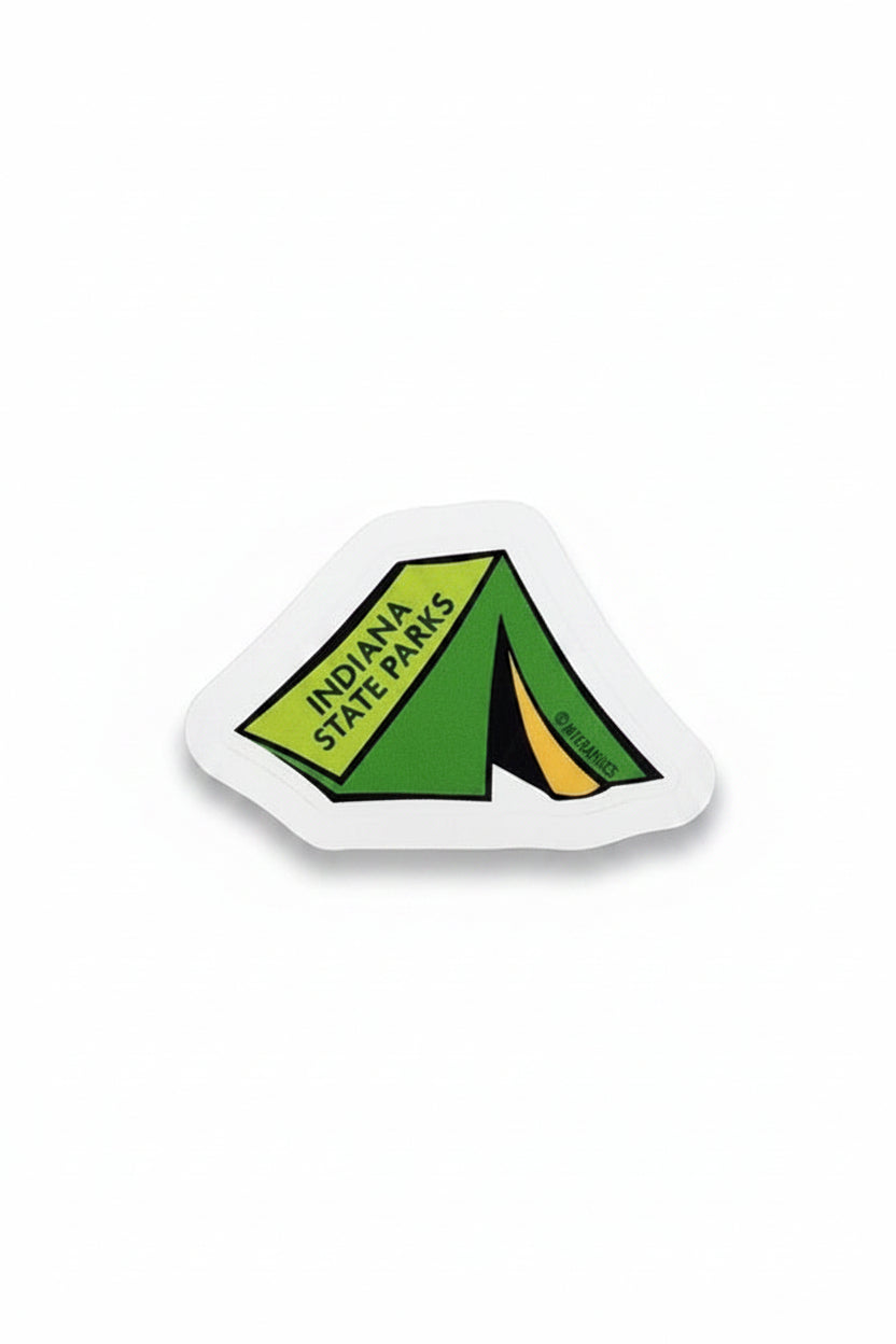 Sticker of a green tent with 'Indiana State Parks' text