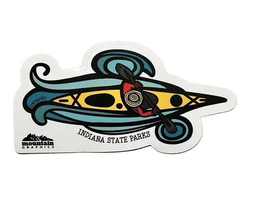 Sticker of a kayaker and 'Indiana State Parks' text