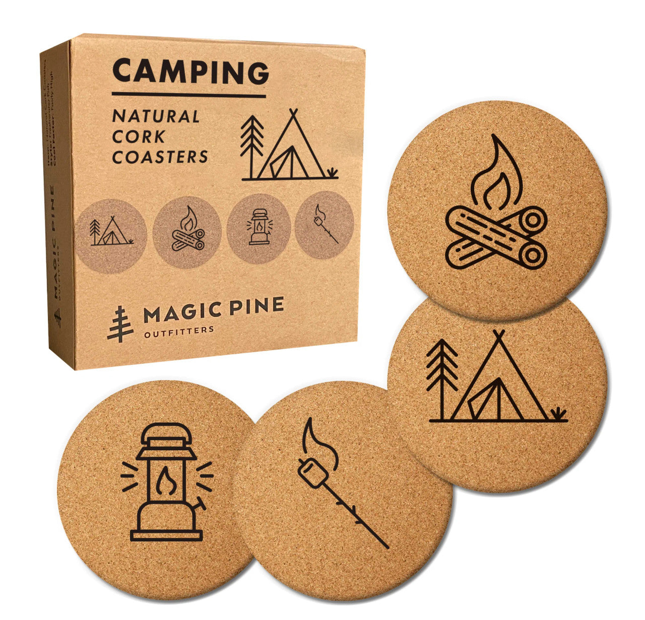 4 cork coasters with simple black outline images of a campfire, a tent next to a tree, a roasted marshmallow on a stick, and a lantern