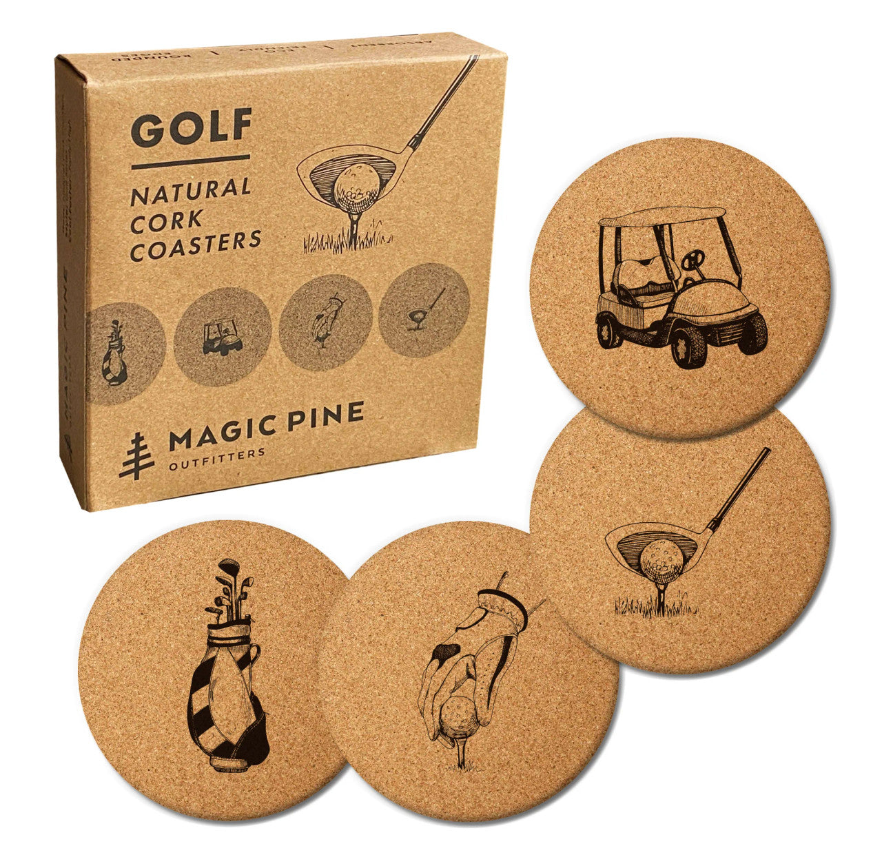 4 cork coasters with simple black outline images of a golf cart, a golf club and a golf ball, a hand putting down a golf ball, and a bag full of golf clubs