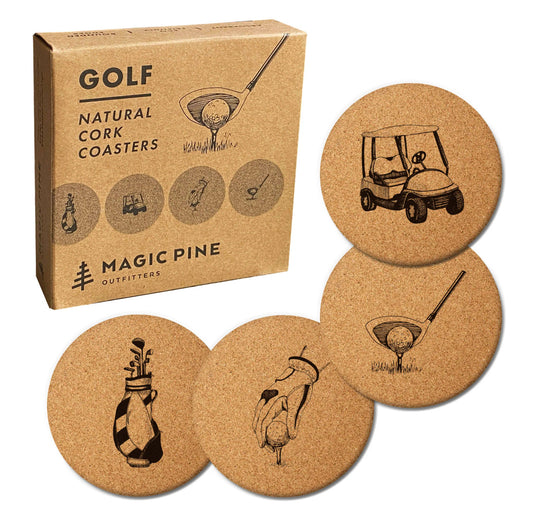 4 cork coasters with simple black outline images of a golf cart, a golf club and a golf ball, a hand putting down a golf ball, and a bag full of golf clubs