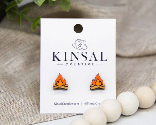 campfire earrings on a Kinsal Creative card with beads in the background