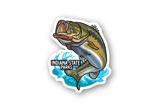 Sticker of a largemouth bass jumping out of water and 'Indiana State Parks' text