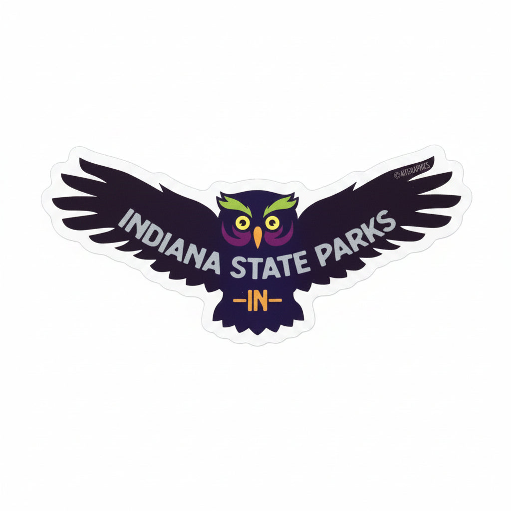 Sticker of a flying owl with 'Indiana State Parks' text