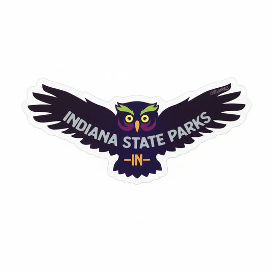 Sticker of a flying owl with 'Indiana State Parks' text