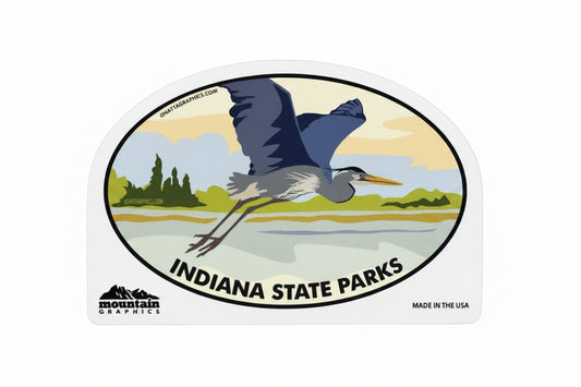 Sticker of a blue heron in flight with 'Indiana State Parks' text on a gray background