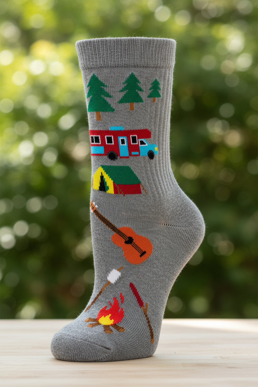grey sock with camp themed imagery