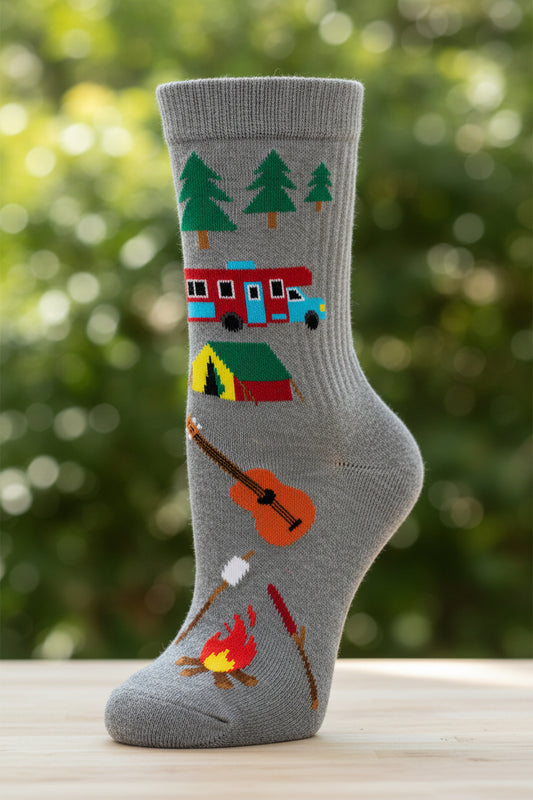 grey sock with camp themed imagery