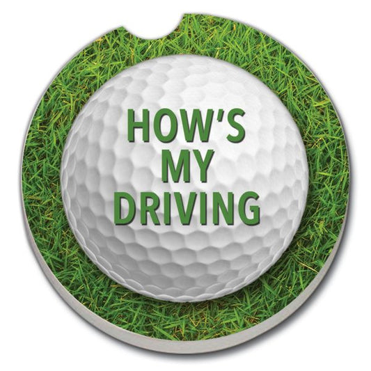 Circular, stone car coaster with golf ball image and 'HOW'S MY DRIVING' text on a grass background