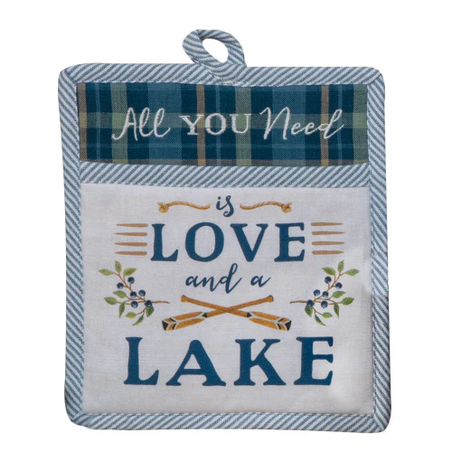 Potholder with 'All You Need is Love and a Lake' text and plaid border on a white background