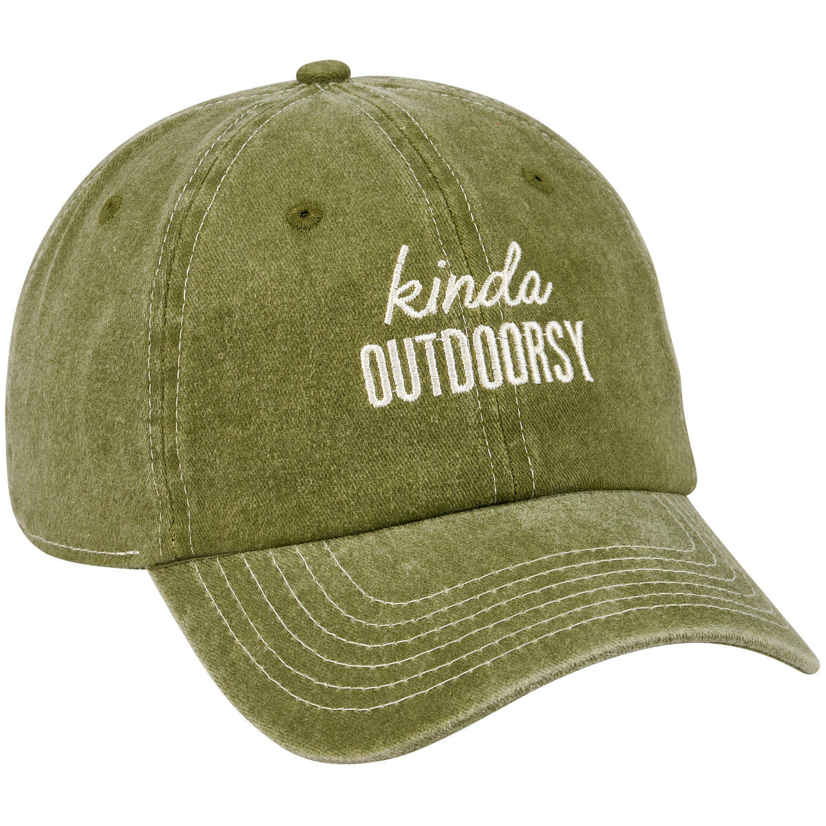 Green cap with 'kinda OUTDOORSY' text on a white background