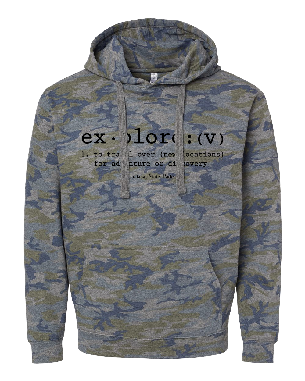Camouflage hoodie with black text defining 'explore'
