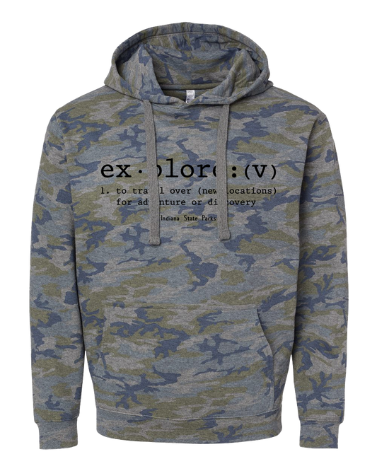 Camouflage hoodie with black text defining 'explore'