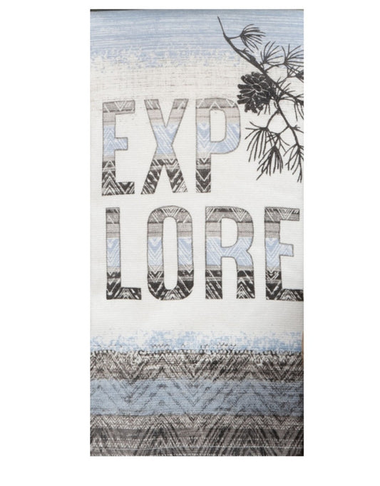 Decorative towel with 'EXPLORE' text and nature-themed design