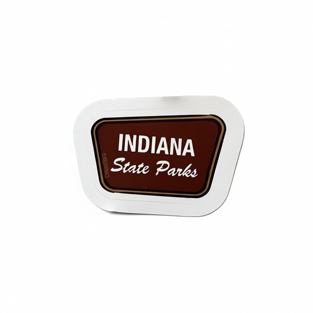Sticker with 'Indiana State Parks' text on a brown motel sign