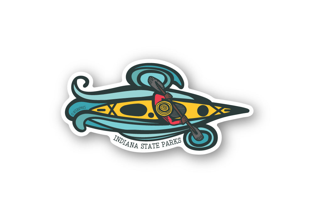 Sticker of a kayaker and 'Indiana State Parks' text
