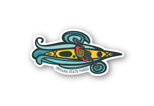 Sticker of a kayaker and 'Indiana State Parks' text