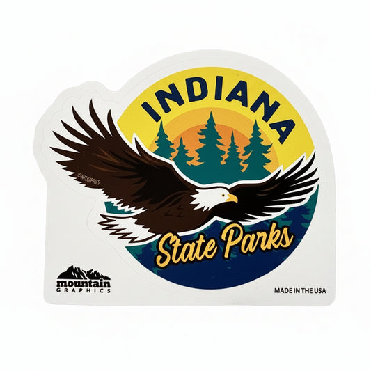 Sticker with 'Indiana State Parks' text and with an eagle and trees on white background