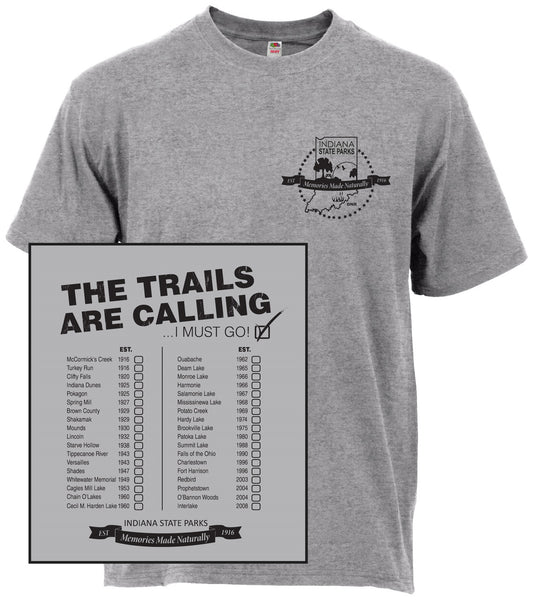 Gray t-shirt with Indiana State Parks graphic and state park properties listed on that back of the shirt