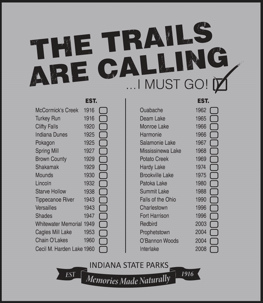 List of Indiana State Parks with checkboxes and a checkmark, featuring the text 'The Trails Are Calling'.