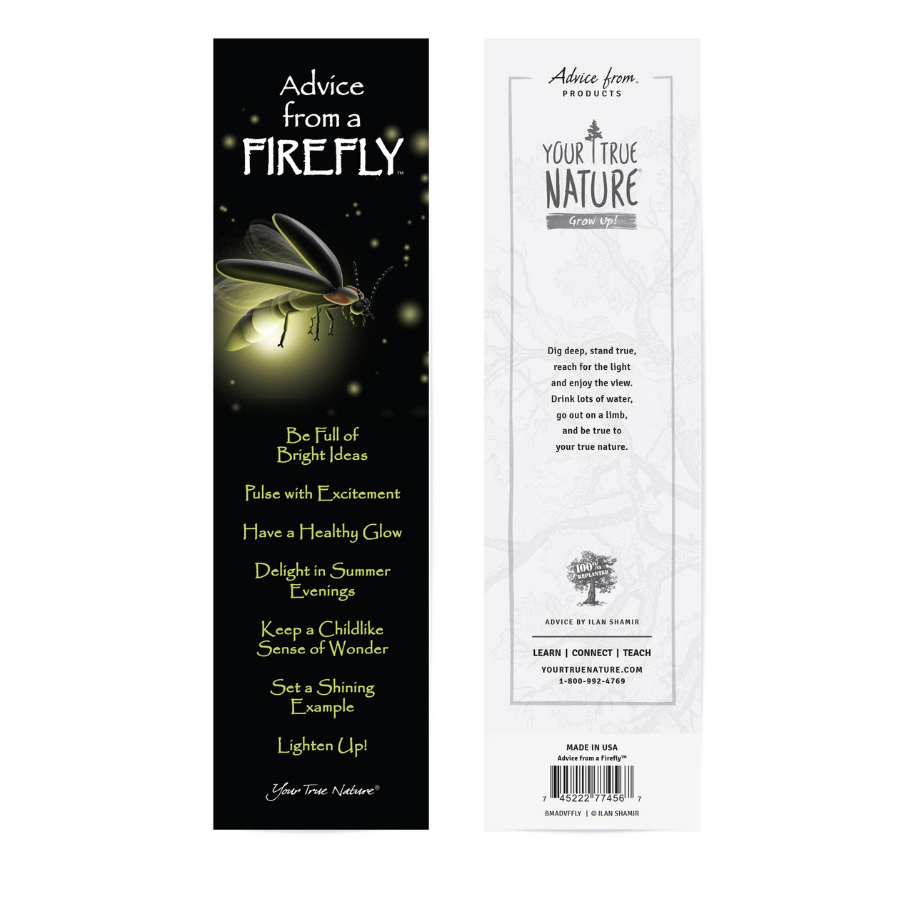 Black bookmark with firefly image, listing advice from a firefly with white and yellow text