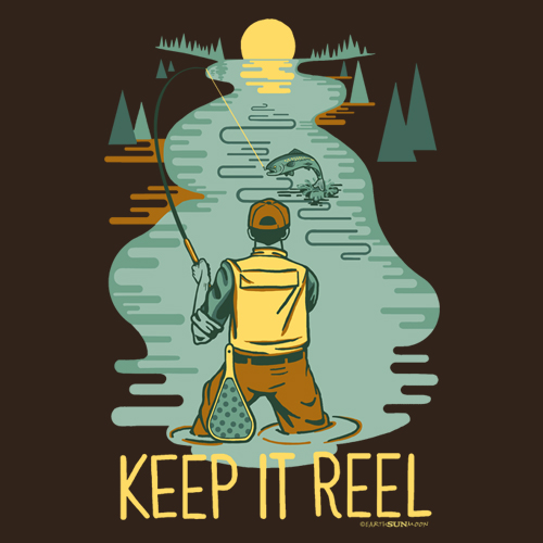 Illustration of a person fishing with text 'KEEP IT REEL' on a dark background