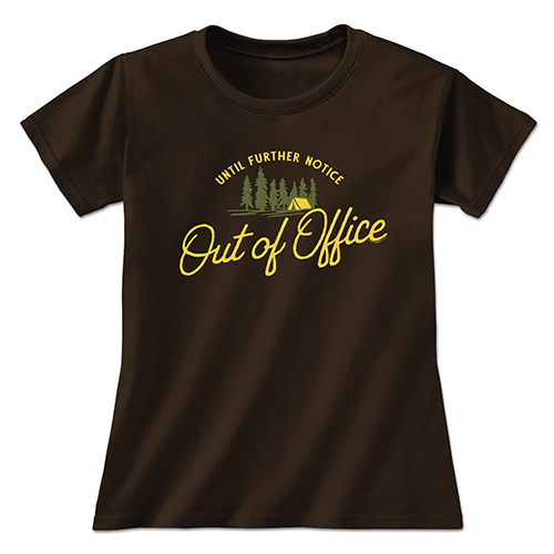 brown shirt with forest and camping tent design that says out of office until further notice