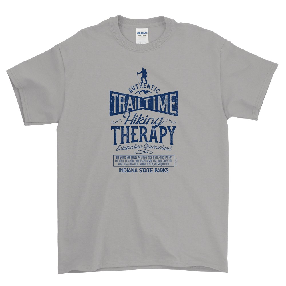 Gray t-shirt with blue graphic and text on a white background