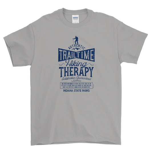 Gray t-shirt with blue graphic and text on a white background