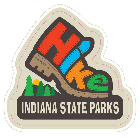 Sticker with 'Hike Indiana State Parks' text and hiking boot design on a white background
