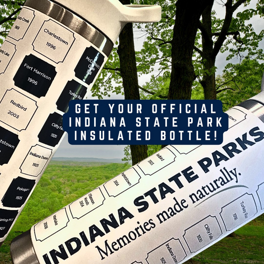 Indiana State Parks insulated bottle with scenic background