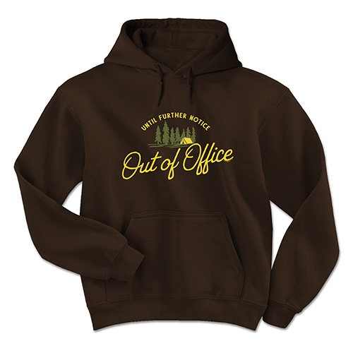 Brown hoodie with 'Out of Office' text and camping graphic on a white background