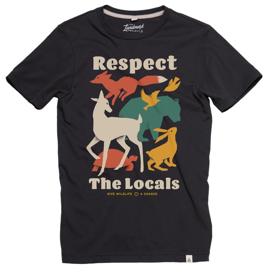 Black t-shirt with colorful animal graphics and text on a white background