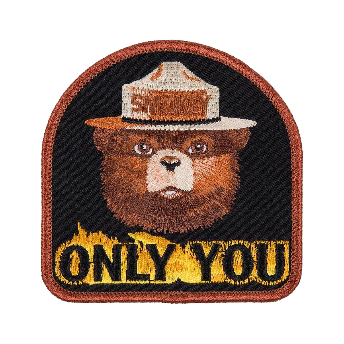 black patch with brown border featuring a bear in a hat and only you text at the bottom