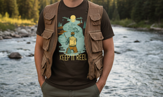 Brown t-shirt with a graphic of a fisherman and 'Keep It Reel' text on a person in a river