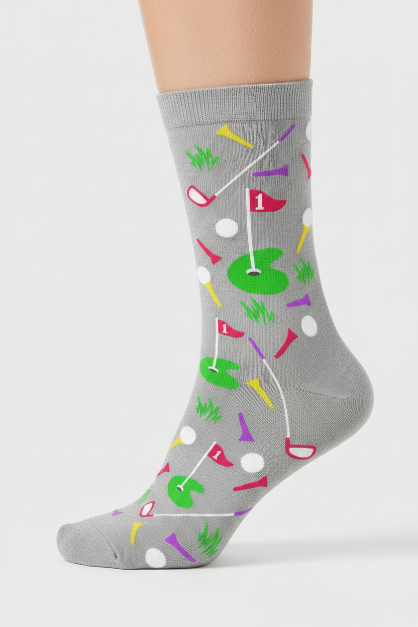 Golf-themed design on a gray background with colorful elements.