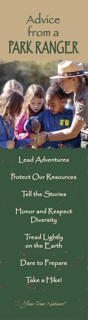 Beige and dark green bookmark with park ranger image, listing advice from a park ranger with dark green and light green text