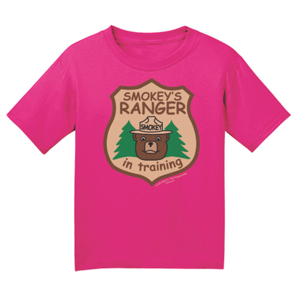 Pink t-shirt with Smokey Bear graphic on a white background