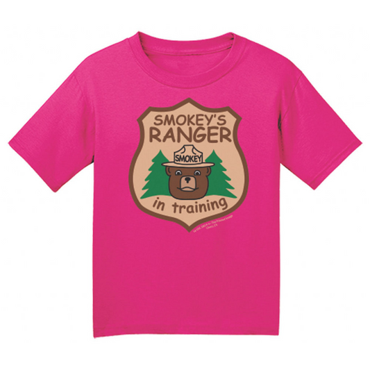 Pink t-shirt with Smokey Bear graphic on a white background