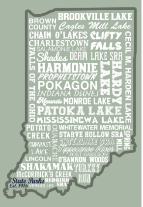 Map of Indiana with towns and lakes labeled on a gray background