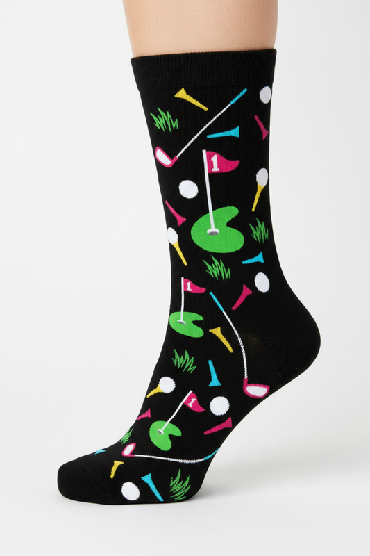 Golf-themed sock with colorful graphics on a black background