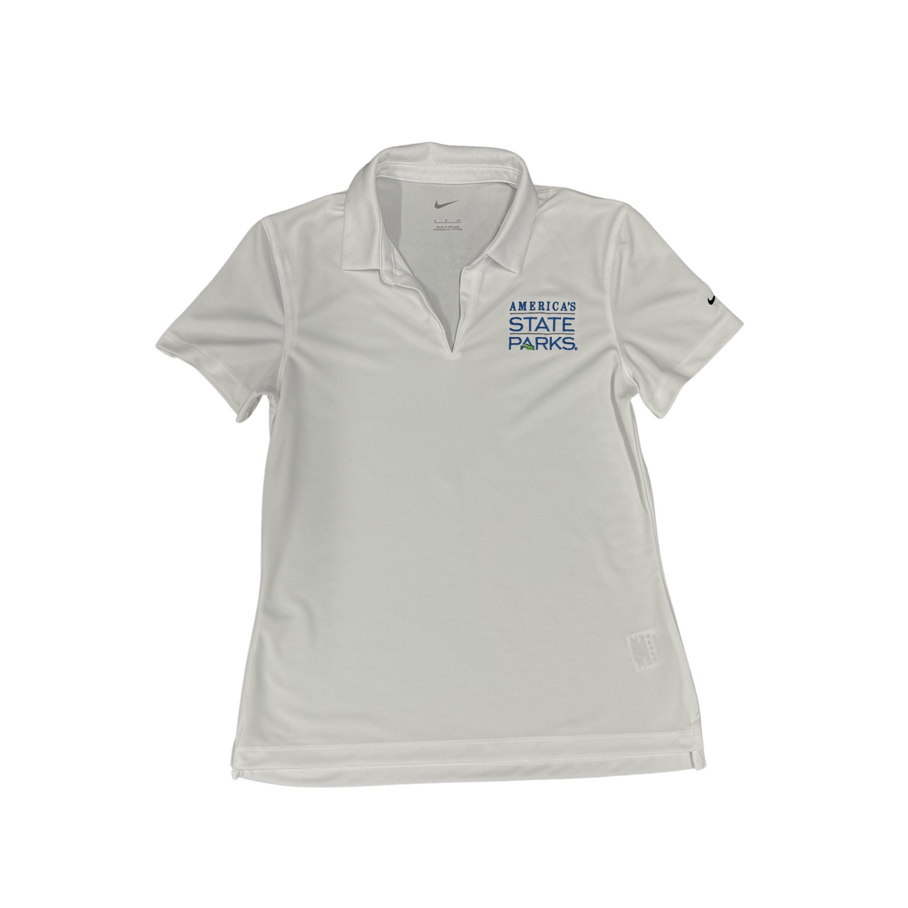 Women's white polo shirt with 'America's State Parks' logo in blue text