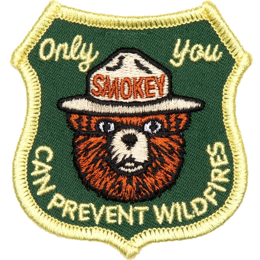 Embroidered patch with Smokey the Bear and text 'Only you can prevent wildfires' on a green background.