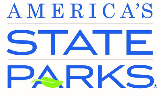 Logo for America's State Parks with blue text and a green leaf on a white background