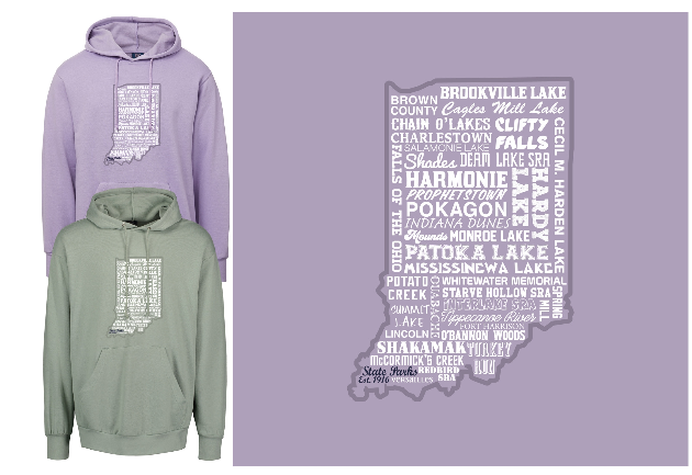 Two hoodies with an Indiana map design on a light purple background