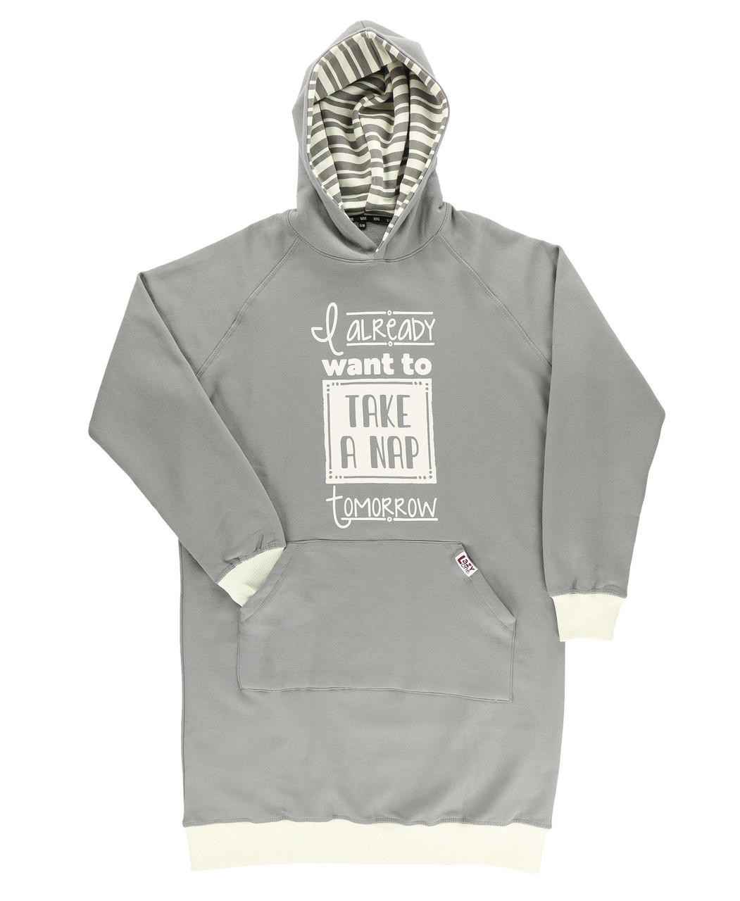 Gray hoodie with text design on a white background