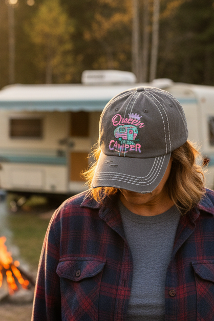Gray cap with 'Queen of the Camper' text and caravan design on a white background